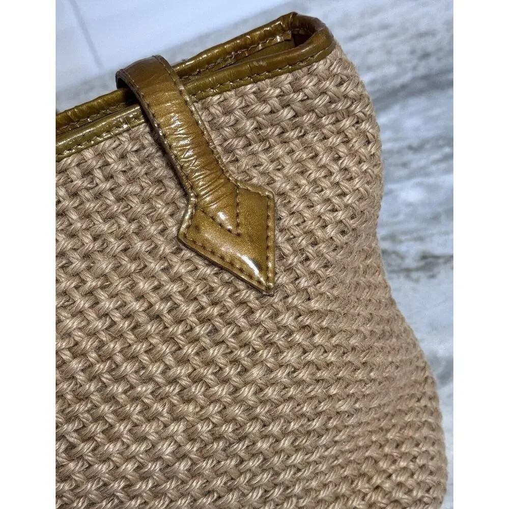 Auth Vintage Bottega Veneta Raffia Woven Beige Gold Patent Leather Shoulder Bag - Picture 16 of 16